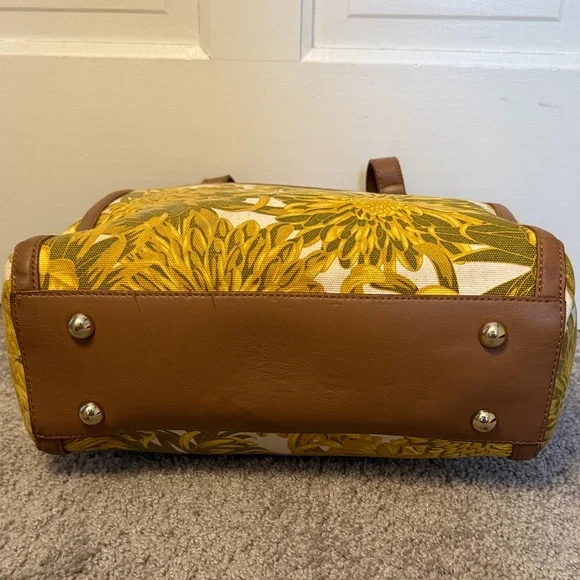 Isaac Mizrahi Floral Yellow Floral Canvas Tote Bag with Leather Trim and Straps - Picture 4 of 6